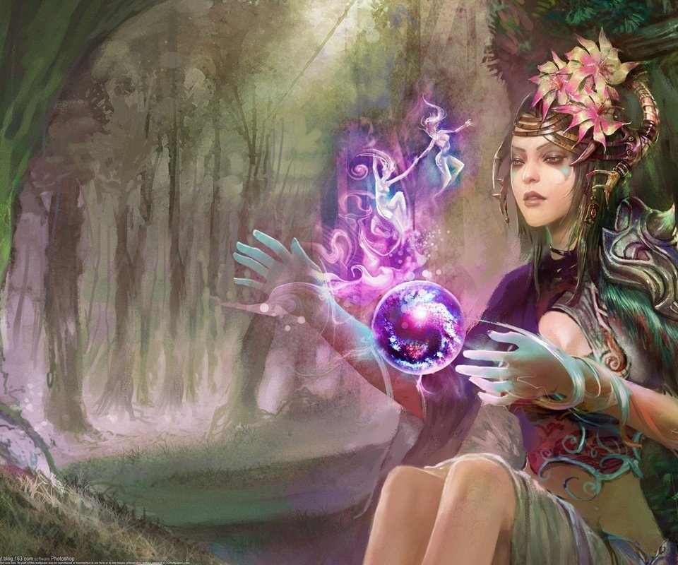 Обои арт, лес, девушка, фея, магия, huang dahong, art, forest, girl, fairy, magic разрешение 2560x1600 Загрузить