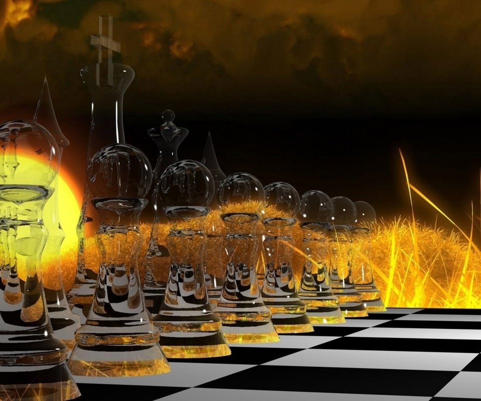 Обои абстракция, стратегия, шахматы, чёрное и белое, доска, огонь, клетки, фигуры, игра, стекло, abstraction, strategy, chess, black and white, board, fire, cells, figure, the game, glass разрешение 1920x1200 Загрузить