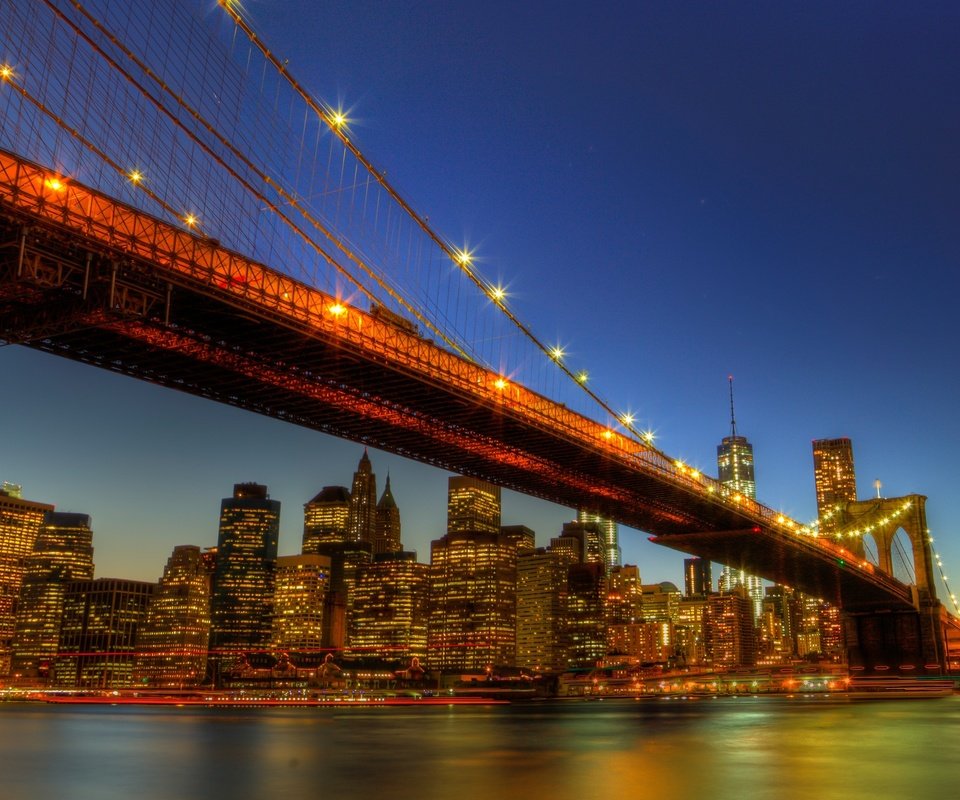 Обои ночь, огни, город, сша, нью-йорк, new york city, бруклинский мост, бруклин, бруклин бридж, night, lights, the city, usa, new york, brooklyn bridge, brooklyn разрешение 2560x1600 Загрузить