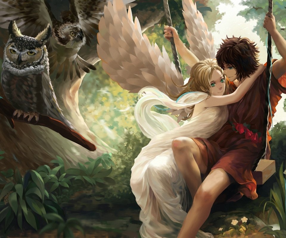 Обои арт, лес, девушка, парень, крылья, ангел, качели, liuruoyu8888, art, forest, girl, guy, wings, angel, swing разрешение 1920x1371 Загрузить