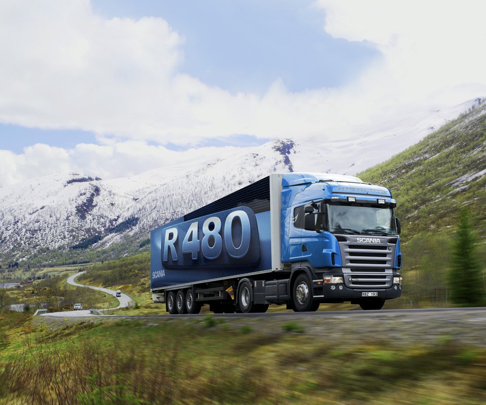 Обои дорога, горы, природа, грузовик, тягач, скания, r480, road, mountains, nature, truck, tractor, scania разрешение 2560x1600 Загрузить