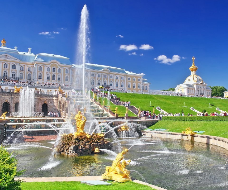 Обои фонтан, россия, дворец, санкт-петербург, петергоф, петродворец, fountain, russia, palace, saint petersburg, peterhof, petrodvorets разрешение 3500x2186 Загрузить