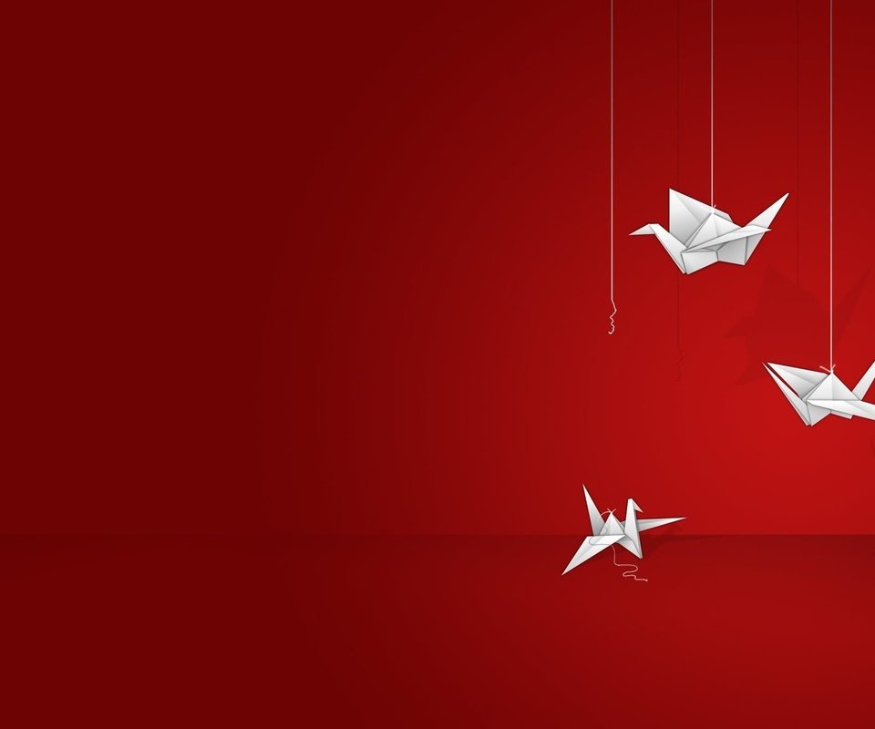 Обои вектор, графика, птицы, оригами, журавлик, красный фон, vector, graphics, birds, origami, crane, red background разрешение 1920x1200 Загрузить