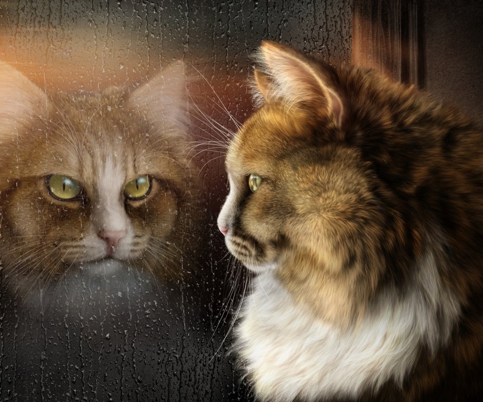 Обои арт, отражение, кот, мордочка, капли, кошка, взгляд, окно, стекло, glass, art, reflection, cat, muzzle, drops, look, window разрешение 3817x2332 Загрузить
