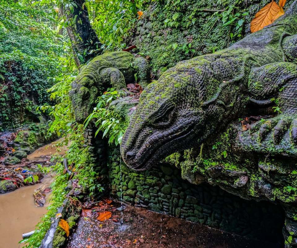 Обои река, обезьяний лес, лес, статуи, заповедник, индонезия, бали, ubud monkey forest, statue of a komodo dragon, убуд, river, monkey forest, forest, statues, reserve, indonesia, bali, ubud разрешение 2048x1361 Загрузить