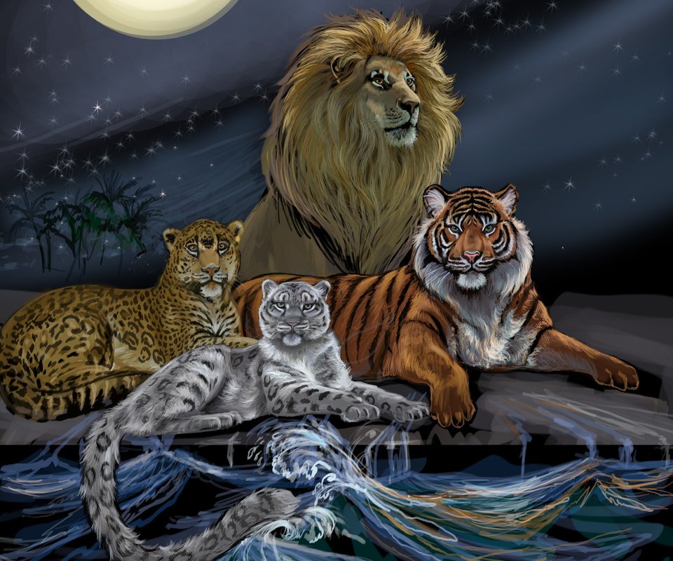 Обои тигр, леопард, небо, лев, арт, хищники, вода, грива, волны, живопись, животные, снежный барс, взгляд, царь зверей, луна, tiger, leopard, the sky, leo, art, predators, water, mane, wave, painting, animals, snow leopard, look, the king of beasts, the moon разрешение 3300x2710 Загрузить