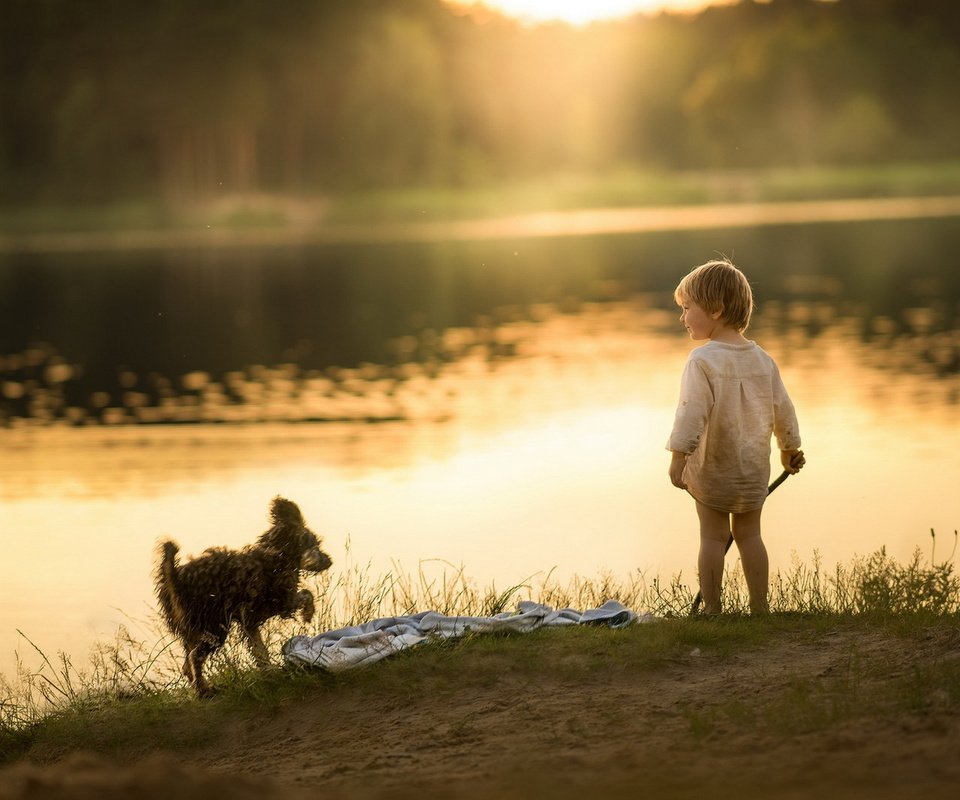 Обои озеро, утро, собака, мальчик, берег реки, lake, morning, dog, boy, the river разрешение 1920x1279 Загрузить