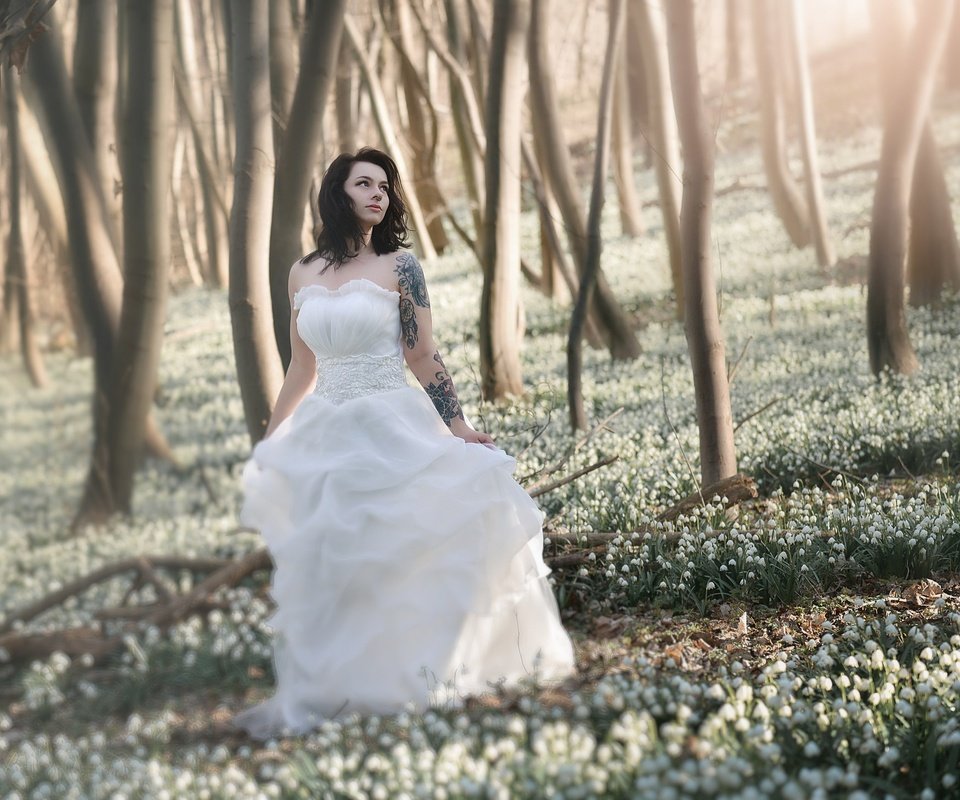 Обои цветы, лес, девушка, платье, брюнетка, тату, невеста, flowers, forest, girl, dress, brunette, tattoo, the bride разрешение 2048x1453 Загрузить