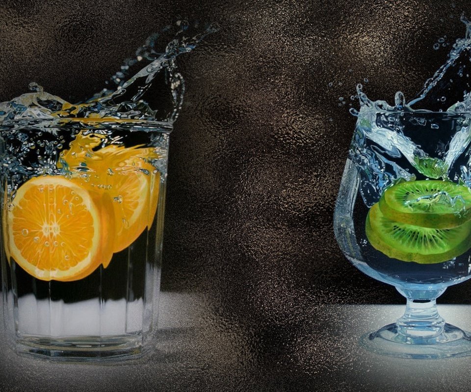 Обои вода, стакан, цитрусы, капли, фужер, фрукты, бокал, лимон, апельсин, всплеск, киви, water, citrus, drops, fruit, glass, lemon, orange, splash, kiwi разрешение 1920x1080 Загрузить