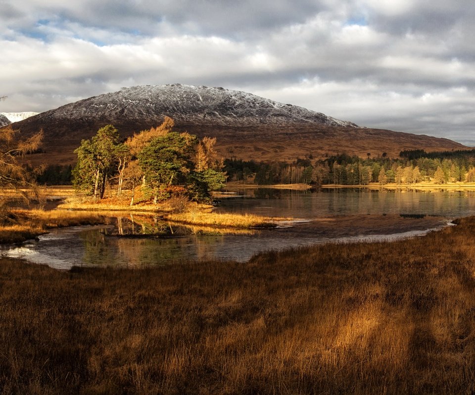 Обои трава, облака, деревья, озеро, горы, берег, шотландия, grass, clouds, trees, lake, mountains, shore, scotland разрешение 3500x2000 Загрузить