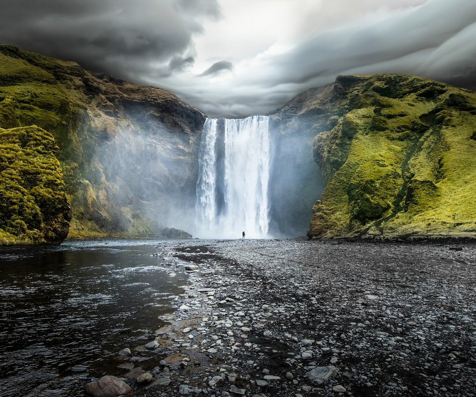 Обои водопад, исландия, скоугафосс, водопад скоугафосс, waterfall, iceland, skogafoss, skogafoss waterfall разрешение 2880x1800 Загрузить