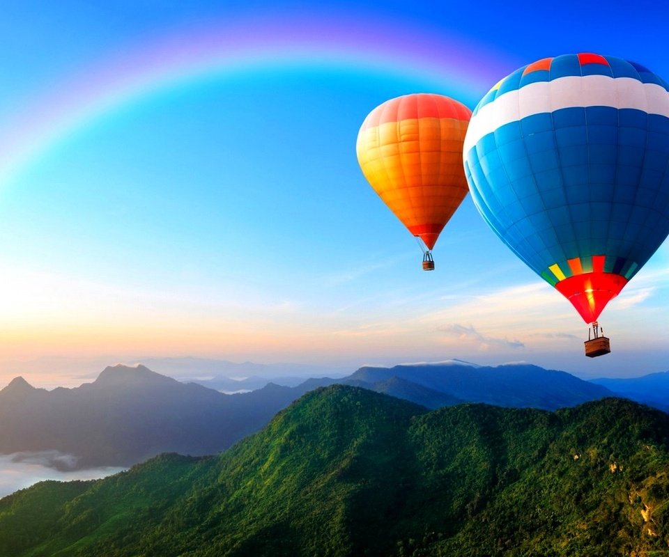 Обои небо, горы, радуга, воздушный шар, the sky, mountains, rainbow, balloon разрешение 1920x1200 Загрузить