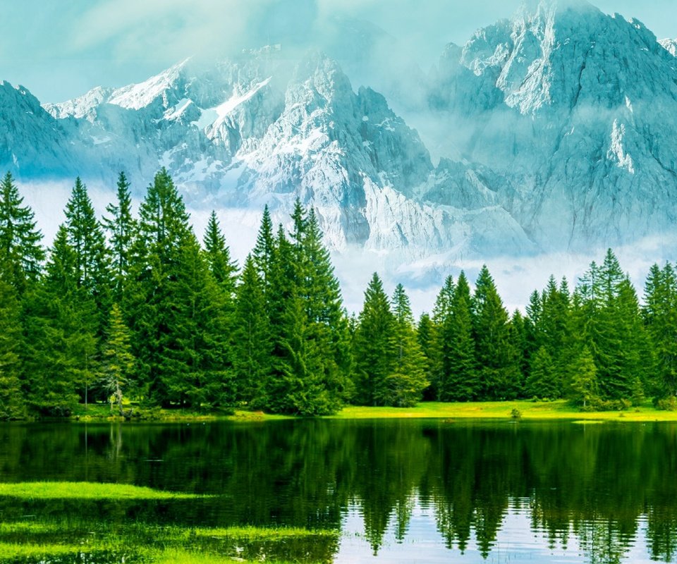 Обои деревья, озеро, горы, природа, лес, туман, trees, lake, mountains, nature, forest, fog разрешение 7680x4320 Загрузить
