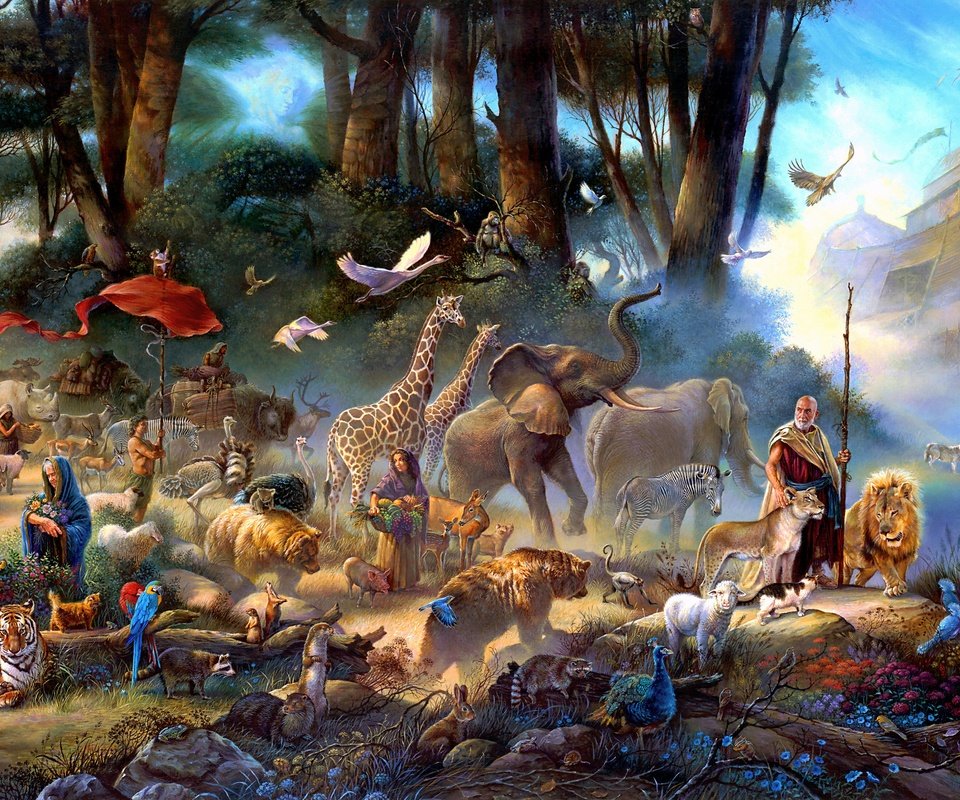 Обои арт, посох, картина, живопись, ковчег, медведи, туман, жирафы, люди, тигры, птицы, львы, слоны, art, staff, picture, painting, the ark, bears, fog, giraffes, people, tigers, birds, lions, elephants разрешение 4374x2183 Загрузить