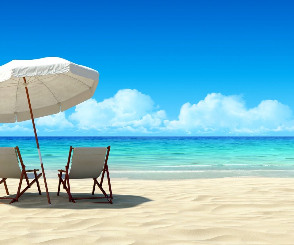 Обои песок, лежаки, зонтик, sand, sunbeds, umbrella разрешение 7000x3500 Загрузить