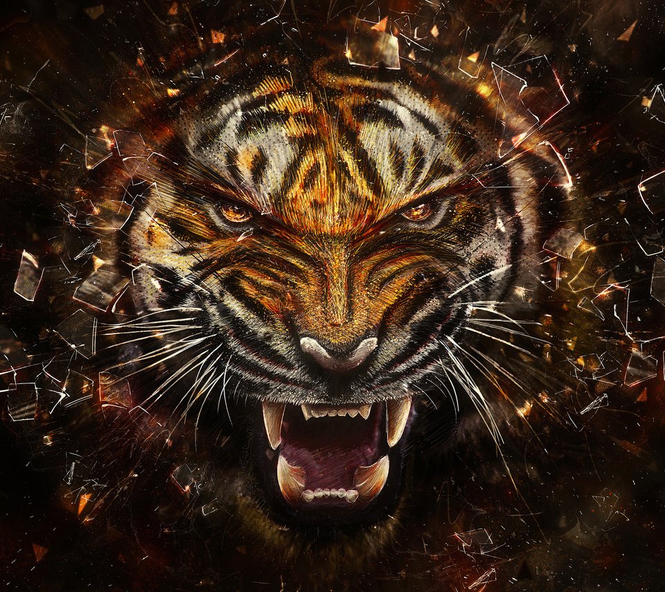 Обои тигр, осколки, стекло, tiger, fragments, glass разрешение 2560x1440 Загрузить