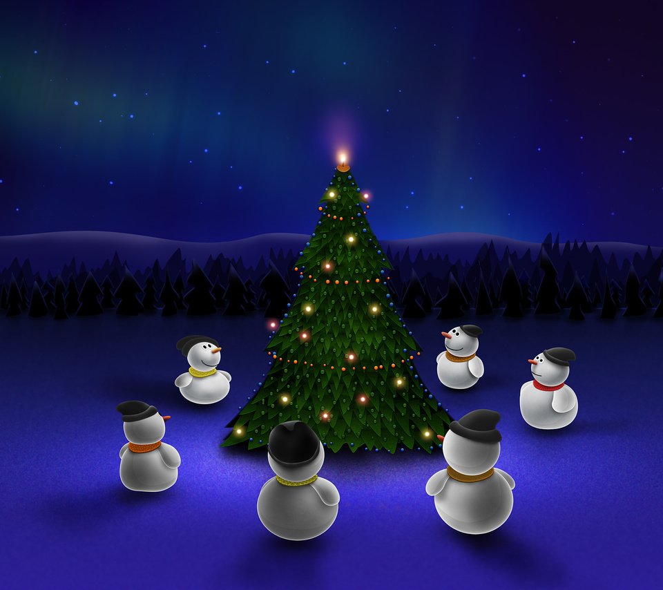 Обои ночь, новый год, елка, синий, снеговики, night, new year, tree, blue, snowmen разрешение 2560x1600 Загрузить