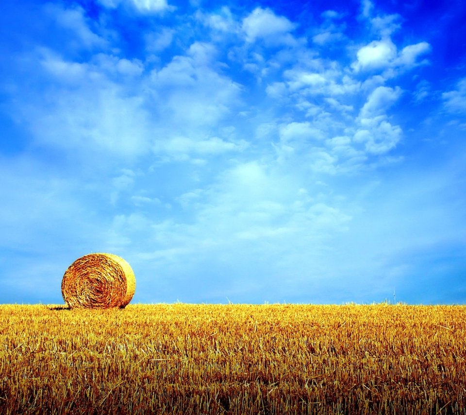 Обои небо, облака, поле, горизонт, сено, стог, the sky, clouds, field, horizon, hay, stack разрешение 1920x1440 Загрузить