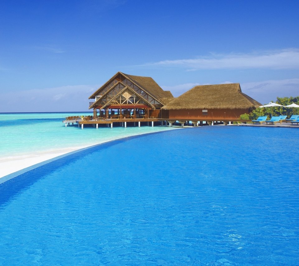 Обои пляж, отдых, бунгало, тропики, мальдивы, beach, stay, bungalow, tropics, the maldives разрешение 1920x1080 Загрузить