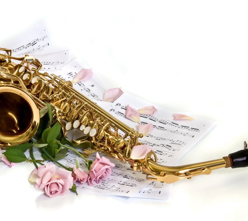 Обои цветы, фон, розы, ноты, лепестки, белый, саксофон, flowers, background, roses, notes, petals, white, saxophone разрешение 2560x1600 Загрузить