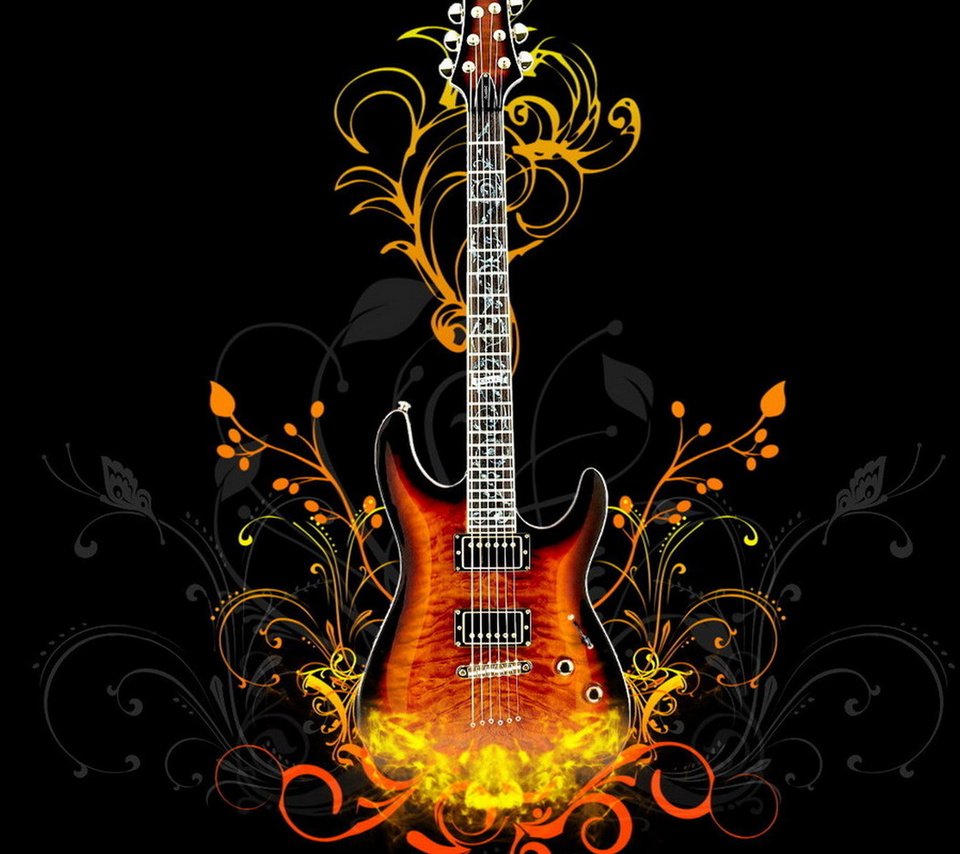 Обои арт, гитара, музыка, графика, струны, черный фон, art, guitar, music, graphics, strings, black background разрешение 1920x1200 Загрузить