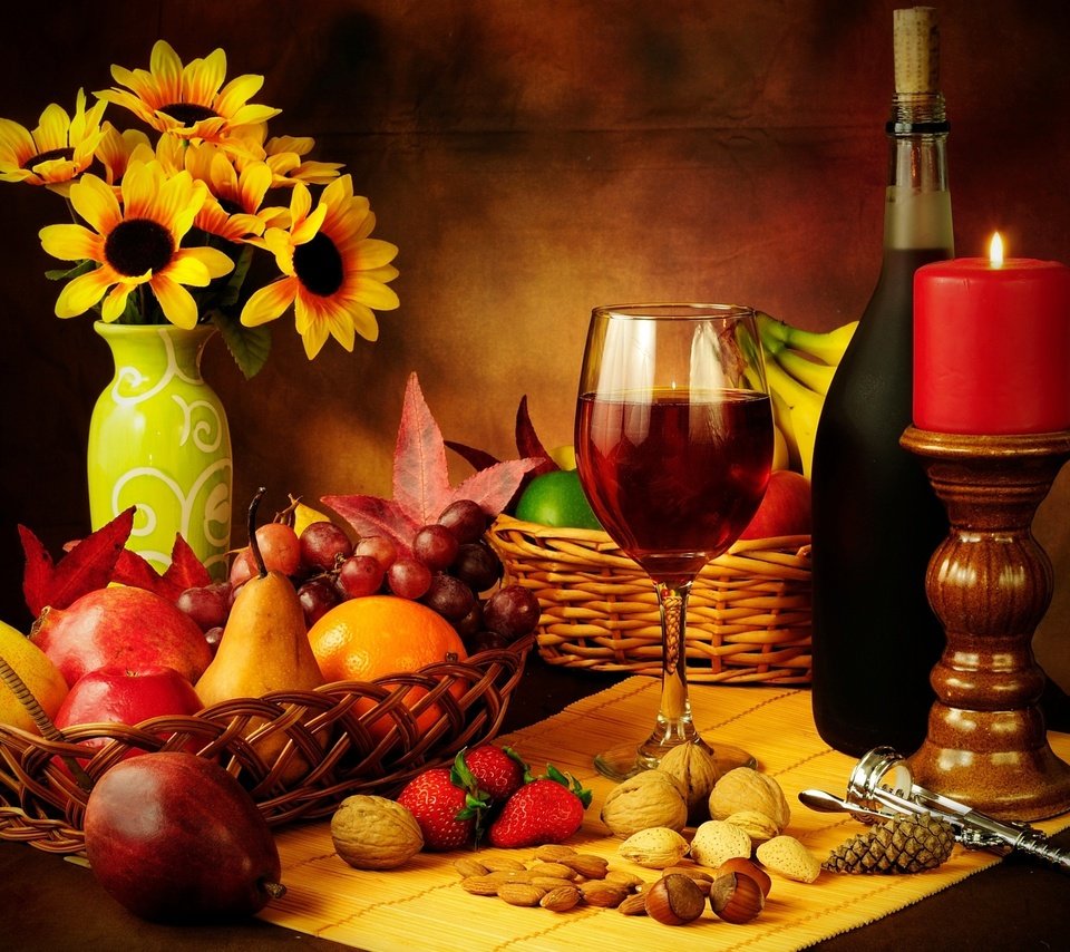 Обои свечи, вино, красное вино, орехи, стекло, гайки, свеча, штопор, виноград, бутылка, cвечи, фрукты, cтекло, красное, яблоки, земляника, клубника, натюрморт, бокал, вина, корзина, груши, candles, wine, red wine, nuts, candle, corkscrew, grapes, bottle, fruit, red, apples, strawberries, strawberry, still life, glass, basket, pear разрешение 3000x2000 Загрузить