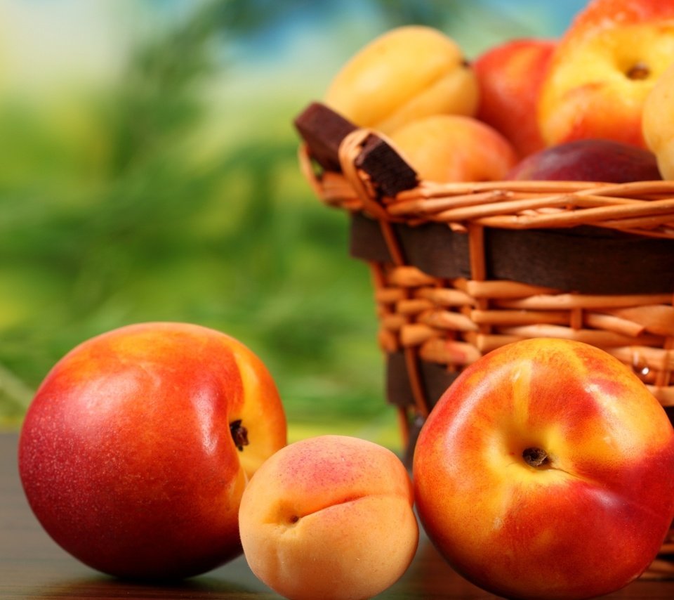 Обои фрукты, корзина, плоды, персики, абрикосы, нектарин, fruit, basket, peaches, apricots, nectarine разрешение 2560x1600 Загрузить