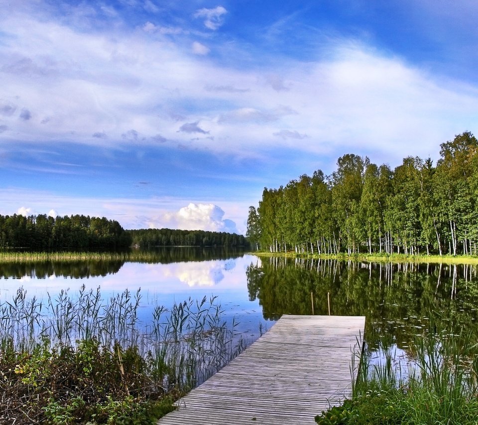 Обои деревья, озеро, мостик, пейзаж, финляндия, trees, lake, the bridge, landscape, finland разрешение 2560x1600 Загрузить