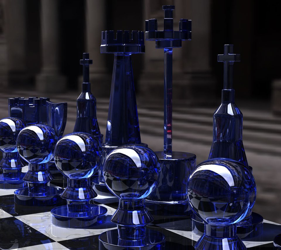 Обои шахматы, игра, стратегия, chess set, blue side, ренденринг, cтекло, chess, the game, strategy, rendering, glass разрешение 1920x1080 Загрузить