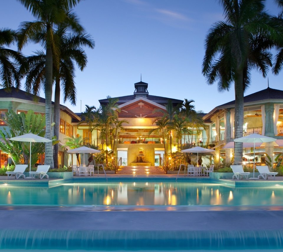 Обои пальмы, бассейн, курорт, palm trees, pool, resort разрешение 2560x1440 Загрузить