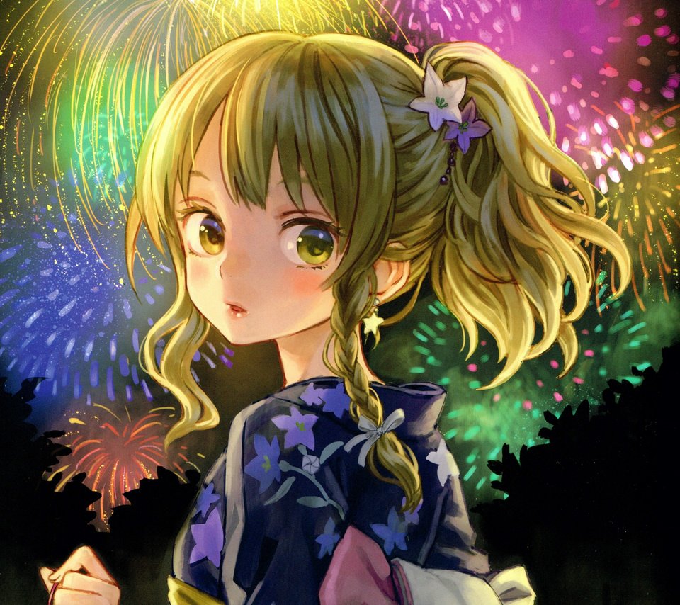 Обои арт, девочка, фейерверк, юката, art, girl, fireworks, yukata разрешение 2560x2170 Загрузить