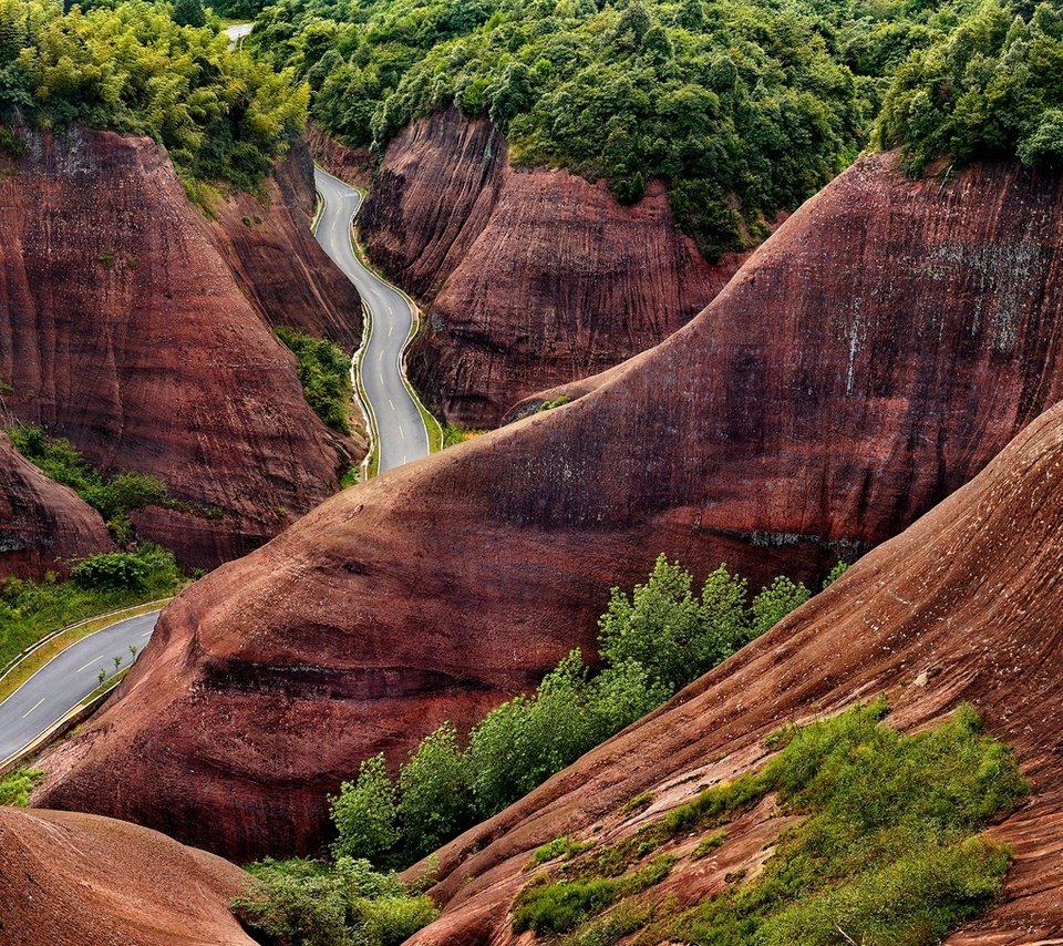 Обои дорога, деревья, холмы, китай, road, trees, hills, china разрешение 1920x1080 Загрузить