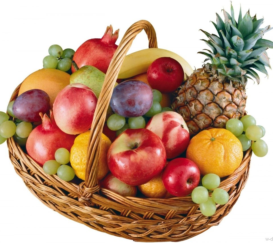 Обои виноград, ананас, фрукты, груша, яблоки, нектарин, слива, апельсины, гранаты, корзина, белый фон, мандарины, бананы, grapes, pineapple, fruit, pear, nectarine, apples, drain, oranges, grenades, basket, white background, tangerines, bananas разрешение 1920x1522 Загрузить