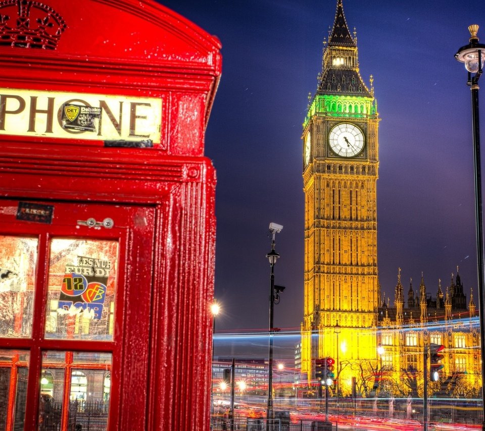 Обои лондон, англия, телефонная будка, биг-бен, огни города, уличный фонарь, london, england, phone booth, big ben разрешение 1920x1200 Загрузить