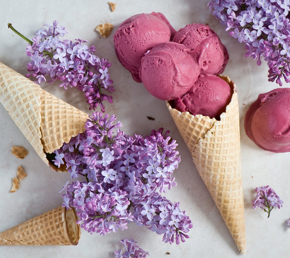 Обои мороженое, сирень, вафли, ice cream, lilac, waffles разрешение 2000x1419 Загрузить