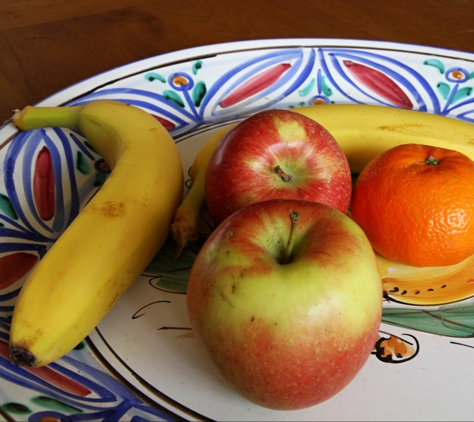 Обои фрукты, яблоки, мандарин, банан, блюдо, fruit, apples, mandarin, banana, dish разрешение 2880x1897 Загрузить