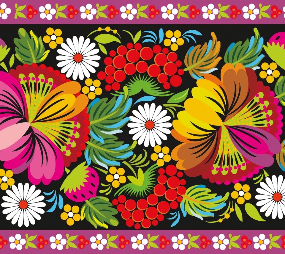 Обои цветы, узор, орнамент, ягоды, роспись, народный, flowers, pattern, ornament, berries, painting, folk разрешение 2500x1570 Загрузить