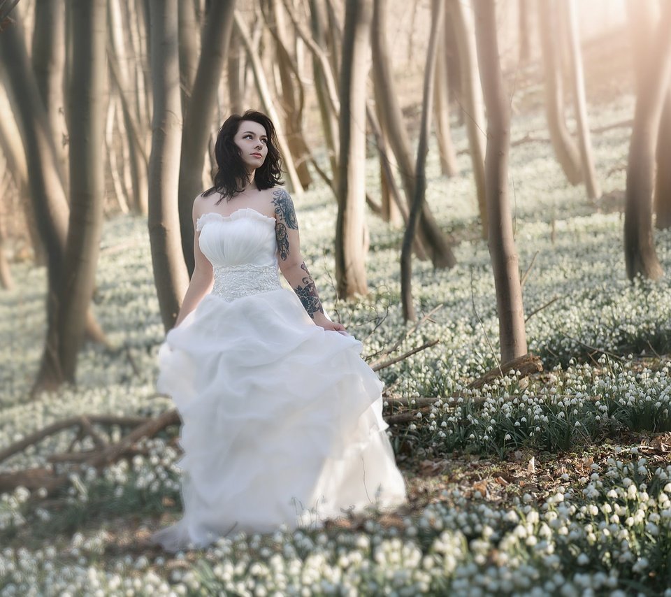 Обои цветы, лес, девушка, платье, брюнетка, тату, невеста, flowers, forest, girl, dress, brunette, tattoo, the bride разрешение 2048x1453 Загрузить