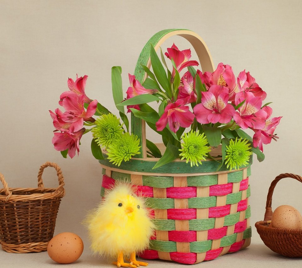 Обои цветы, корзина, пасха, яйца, цыплёнок, flowers, basket, easter, eggs, chicken разрешение 1920x1200 Загрузить