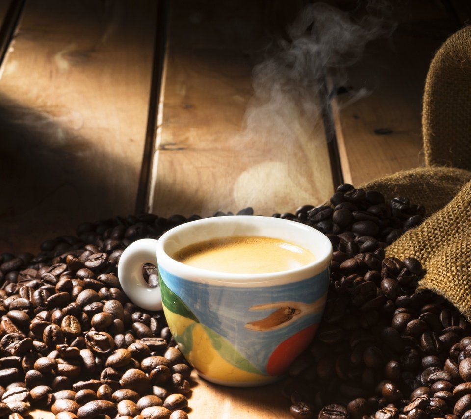 Обои зерна, кофе, чашка, кофейные зерна, мешковина, grain, coffee, cup, coffee beans, burlap разрешение 6837x4416 Загрузить
