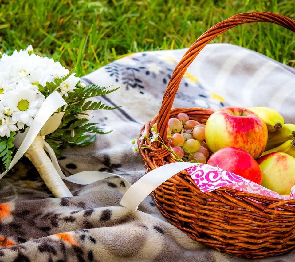 Обои цветы, пикник, трава, бананы, виноград, фрукты, яблоки, букет, хризантемы, корзинка, flowers, picnic, grass, bananas, grapes, fruit, apples, bouquet, chrysanthemum, basket разрешение 1920x1200 Загрузить