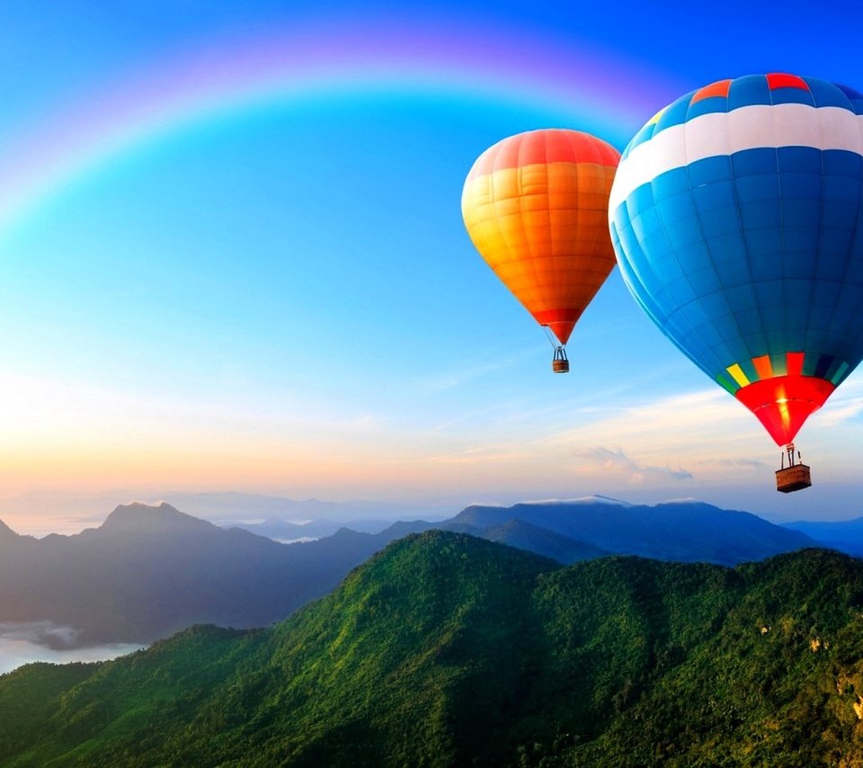 Обои небо, горы, радуга, воздушный шар, the sky, mountains, rainbow, balloon разрешение 1920x1200 Загрузить