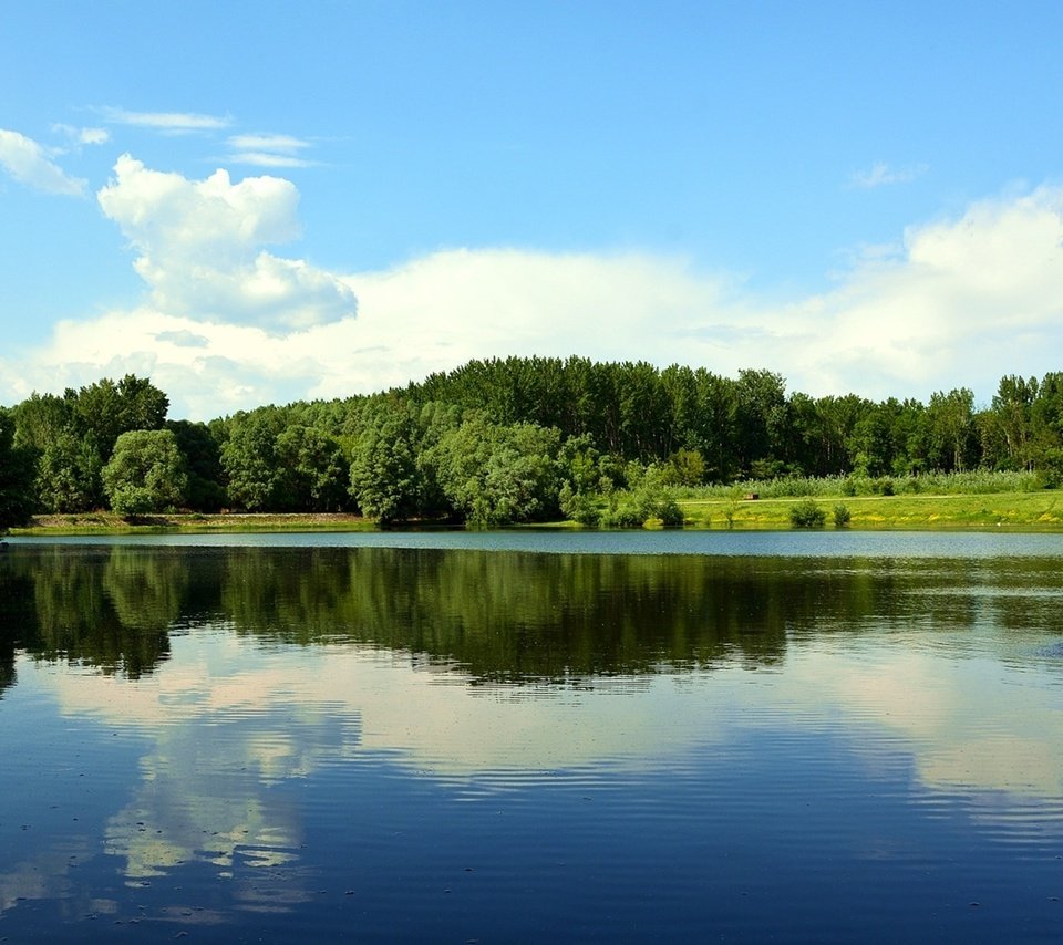 Обои небо, пейзаж, облака, деревья, вода, озеро, река, природа, отражение, the sky, landscape, clouds, trees, water, lake, river, nature, reflection разрешение 1950x1297 Загрузить