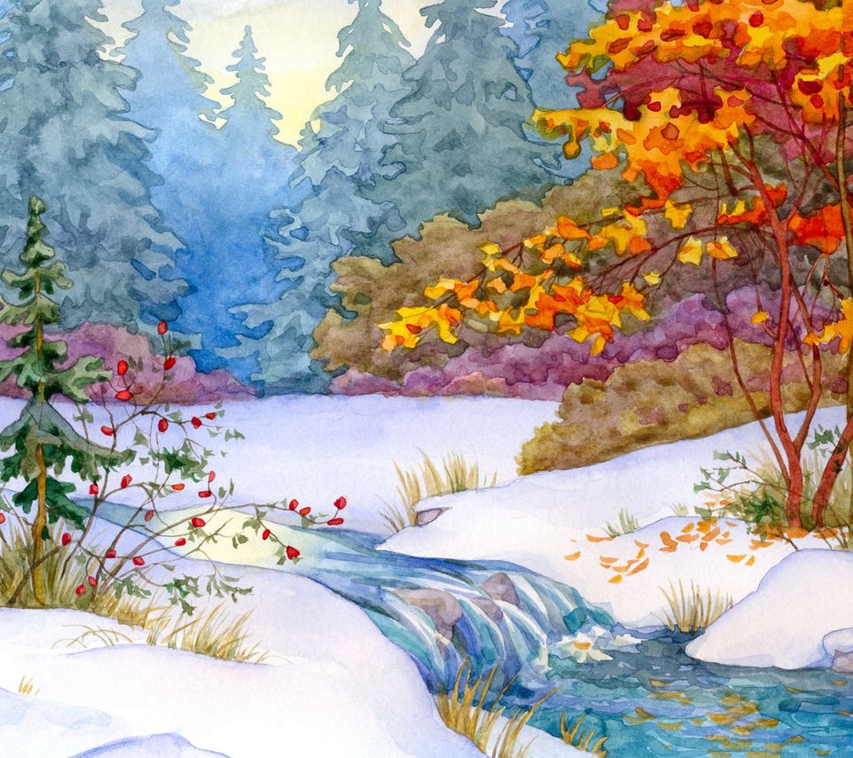 Обои арт, лес, зима, пейзаж, ручей, живопись, art, forest, winter, landscape, stream, painting разрешение 1920x1200 Загрузить