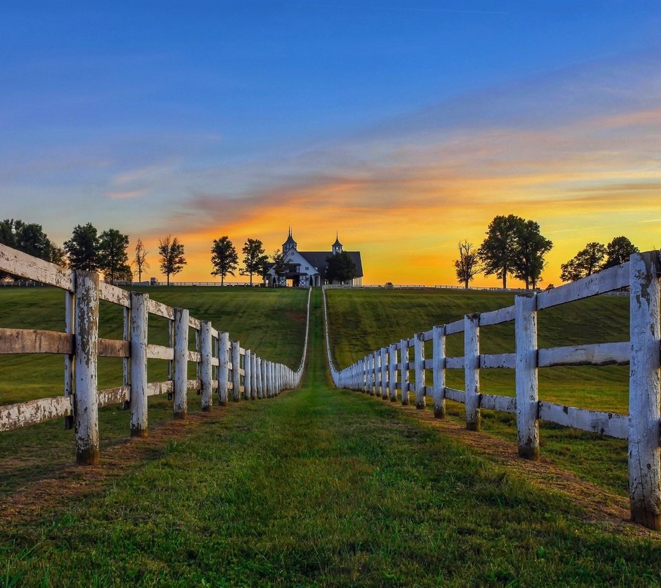 Обои небо, трава, деревья, утро, поле, забор, дом, the sky, grass, trees, morning, field, the fence, house разрешение 2560x1600 Загрузить