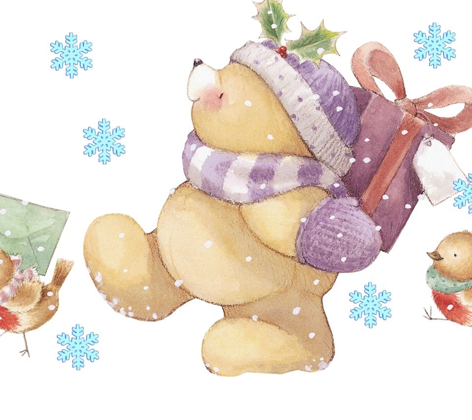 Обои снег, новый год, зима, медведь, подарки, мишка, поздравление, птички, почтальон, the postman, snow, new year, winter, bear, gifts, congratulations, birds разрешение 4280x2556 Загрузить