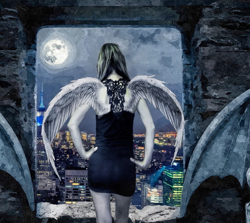 Обои девушка, город, луна, крылья, ангел, гаргульи, girl, the city, the moon, wings, angel, gargoyles разрешение 1920x1080 Загрузить
