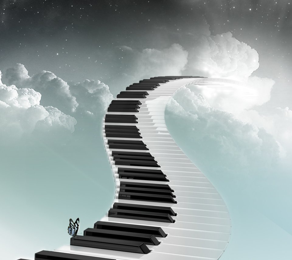 Обои небо, настроение, музыка, мелодия, бабочка, клавиши, the sky, mood, music, melody, butterfly, keys разрешение 1920x1200 Загрузить
