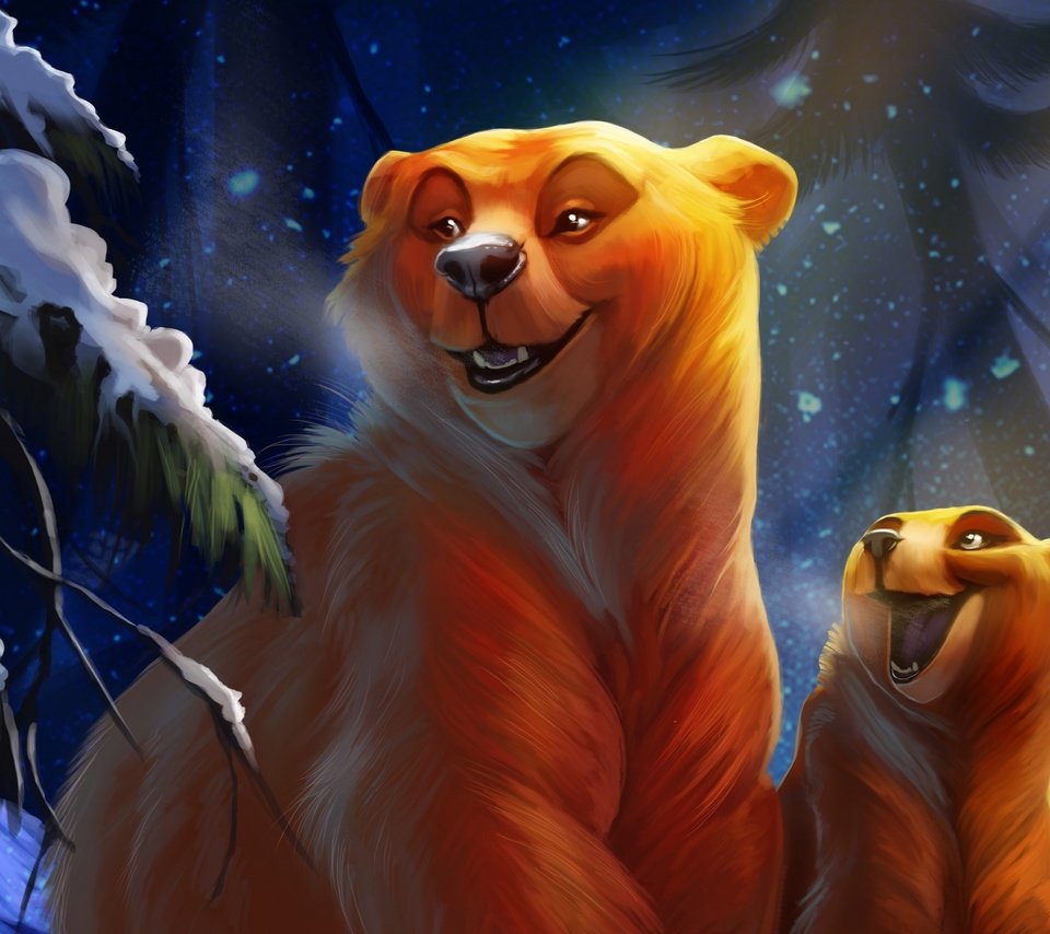 Обои арт, ночь, лес, зима, медведь, медведи, медвеженок, by tehchan, art, night, forest, winter, bear, bears разрешение 2880x1800 Загрузить