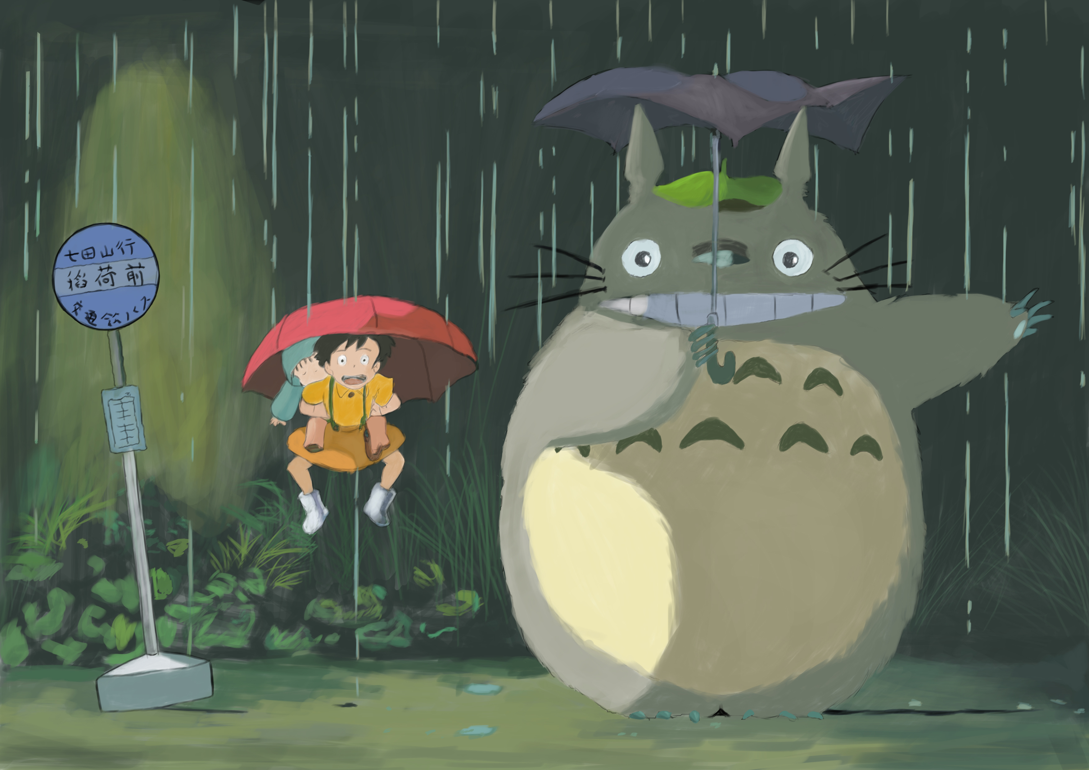 Обои дождь, тоторо, хаяо миядзаки, зонт, rain, totoro, hayao miyazaki, umbrella разрешение 3508x2480 Загрузить